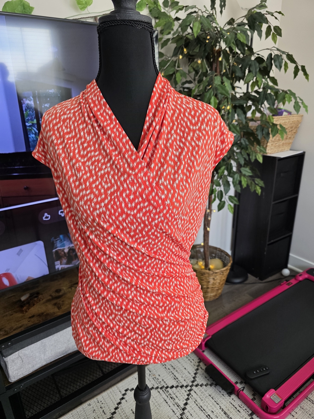 Chaus Red & White Short-Sleeve Faux-Wrap Blouse